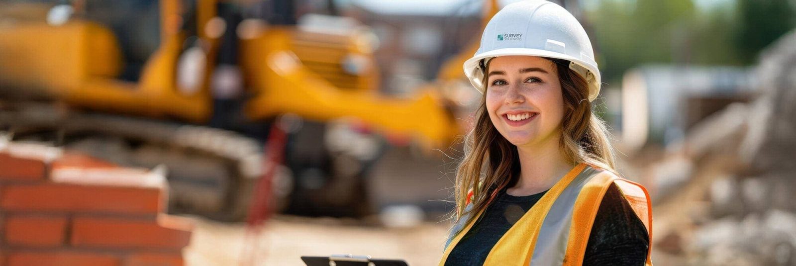 Smiling female construction worker wearing a hardhat and safety vest holding a clipboard at a construction site.