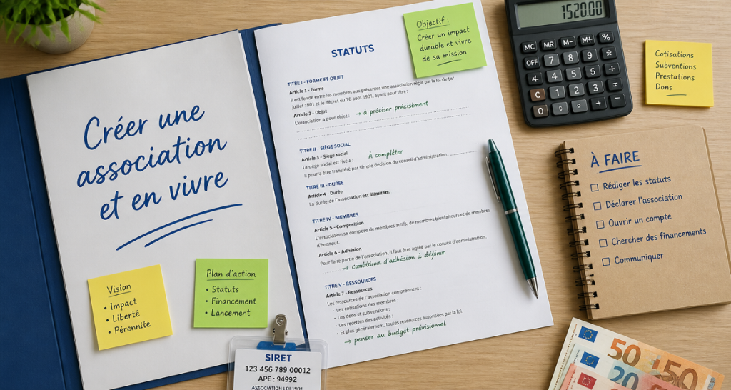 Créer une association et en vivre, bureau avec statuts et calculatrice