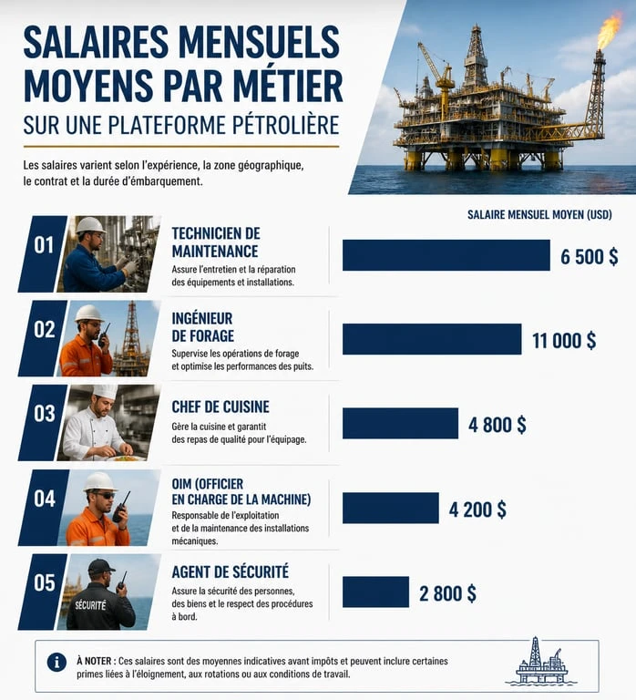 Infographie des salaires moyens par métier sur une plateforme pétrolière pour une offre d emploi plateforme pétrolière etranger