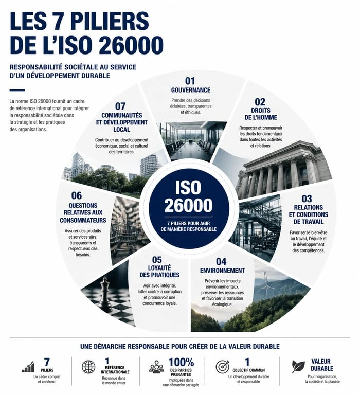 Infographie des 7 piliers de la norme ISO 26000 pour la Social CSR