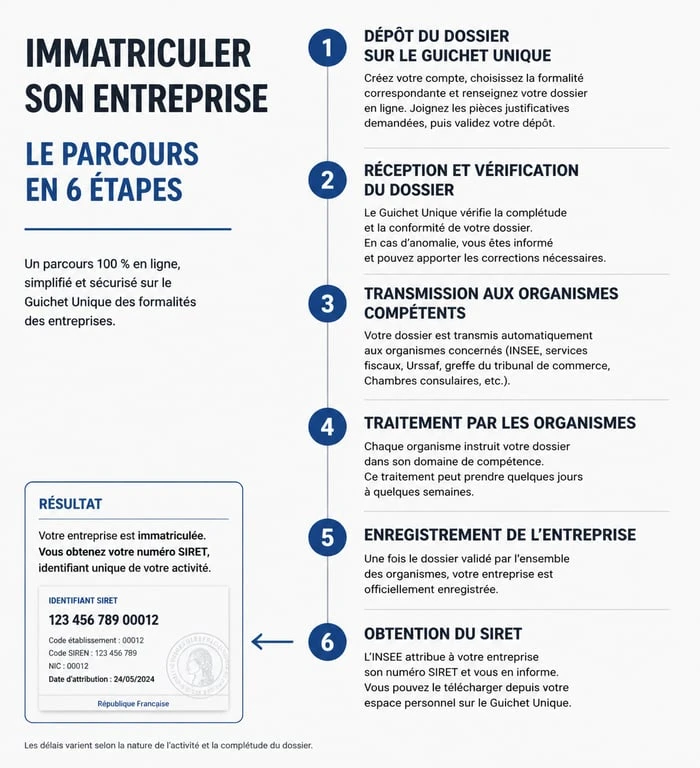 Schéma du parcours d'immatriculation pour obtenir un numéro SIRET et facturer légalement