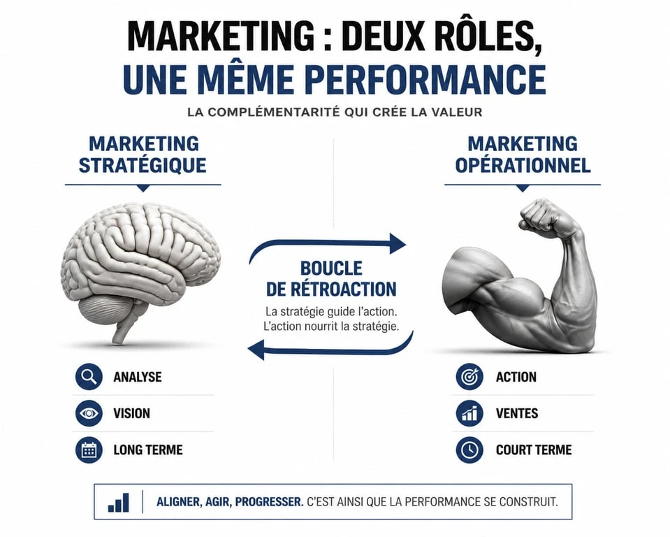 Infographie comparant le marketing stratégique et le marketing opérationnel pour une meilleure compréhension de leur articulation.
