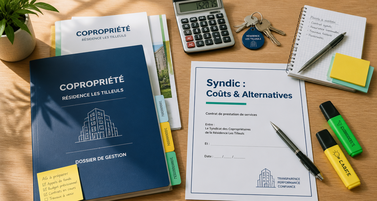 tarif syndic petite copropriété table dossiers calculatrice clés