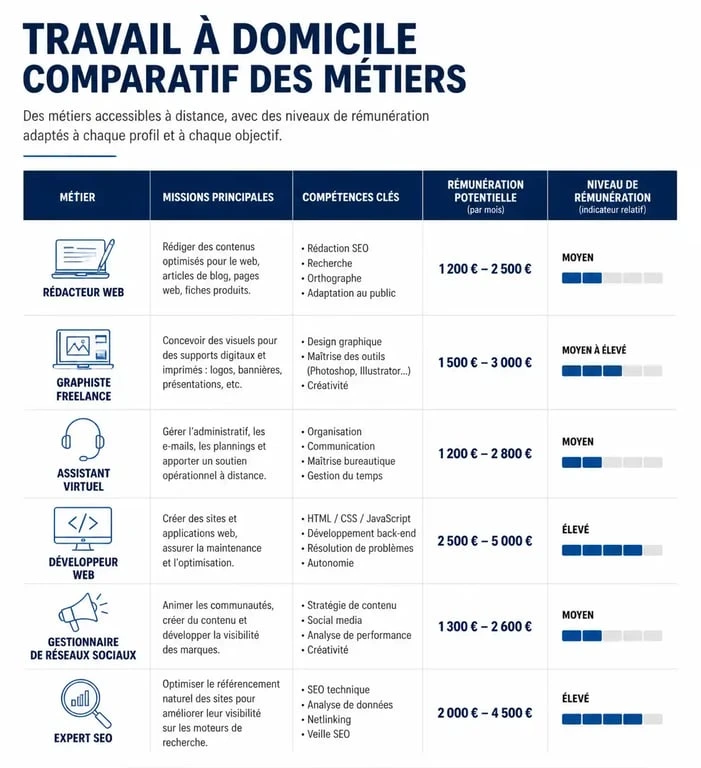 Infographie comparative des métiers et salaires pour un travail à domicile sérieux et rémunéré