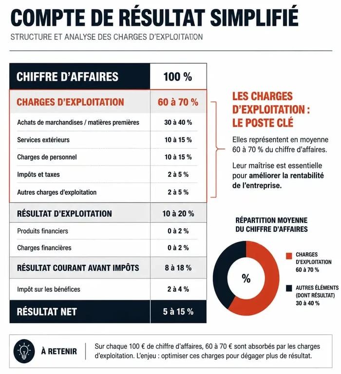 Schéma de la structure du compte de résultat et place des charges d'exploitation dans la comptabilité d'entreprise