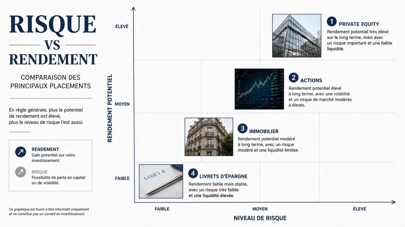 Graphique comparatif des rendements et risques des différents placements financiers pour un objectif de 10% par an