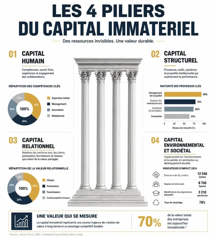 Schéma des quatre piliers du capital immatériel pour les entreprises : humain, structurel, relationnel et environnemental.