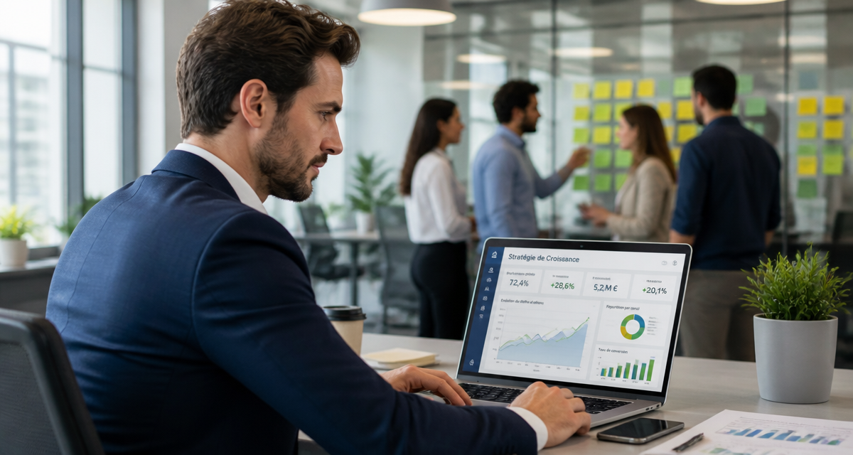 Expert en marketing devant dashboard stratégie