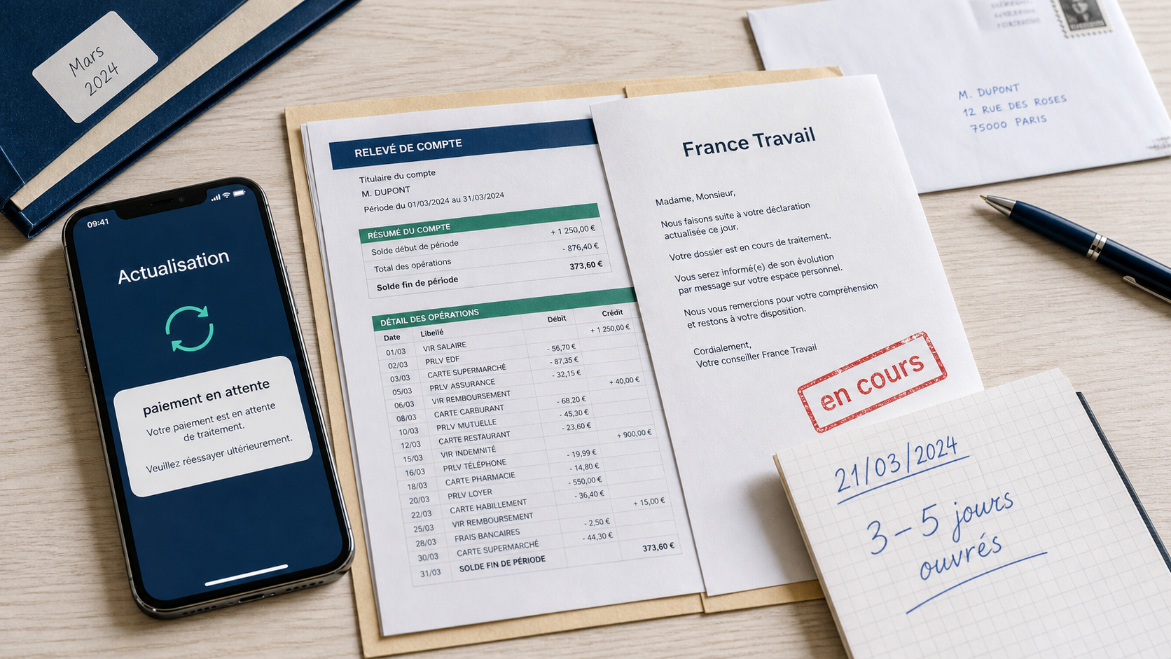 retard paiement france travail : actualisation et délai bancaire