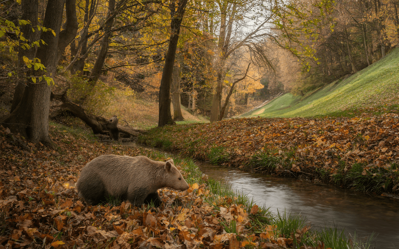 Sous-bois humide avec tapis d'ail des ours près d'un ruisseau