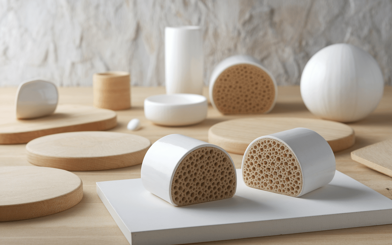 Gros plan billes céramique blanches et structure poreuse