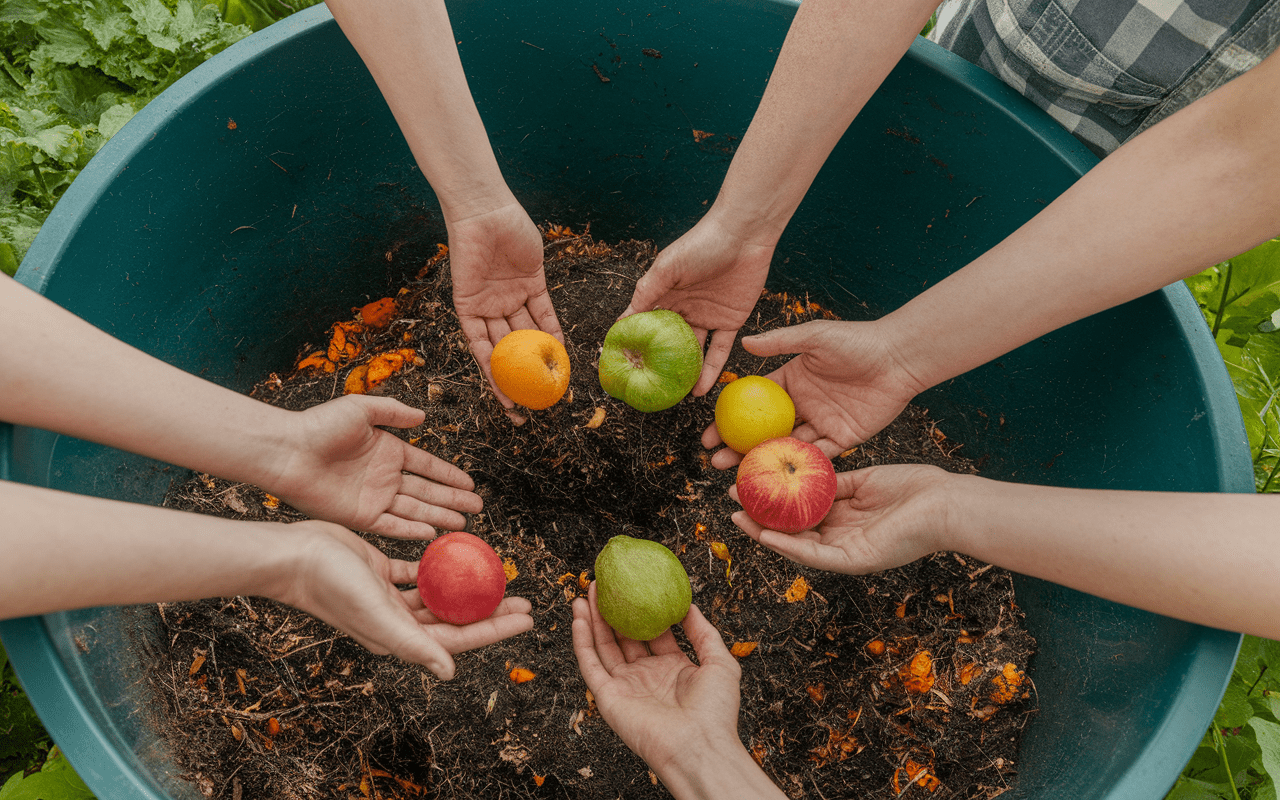 Mains versant épluchures dans composteur de jardin