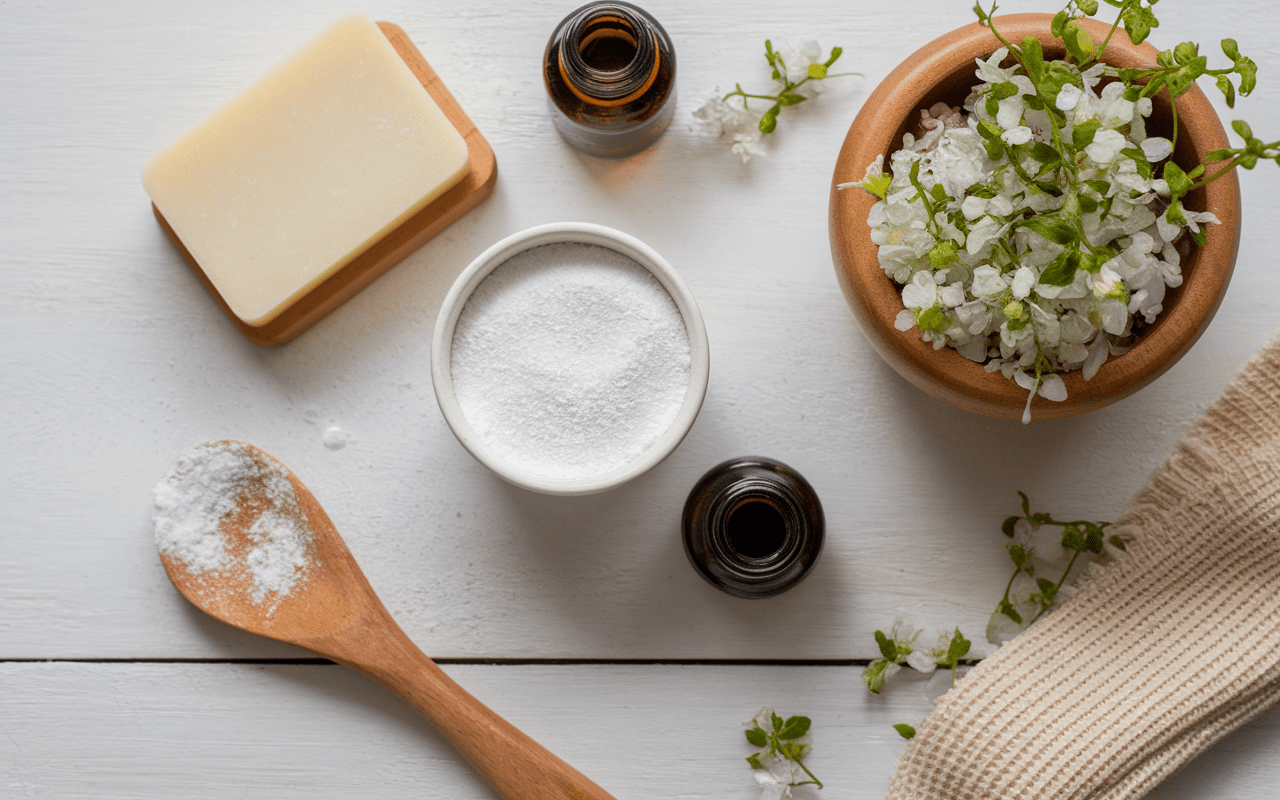 Savon Marseille, bicarbonate, huiles essentielles pour lessive