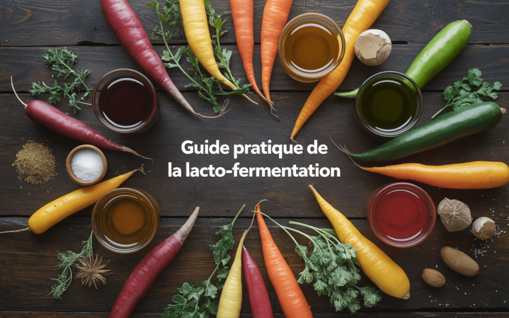 Bocaux de légumes fermentés sur table rustique avec épices