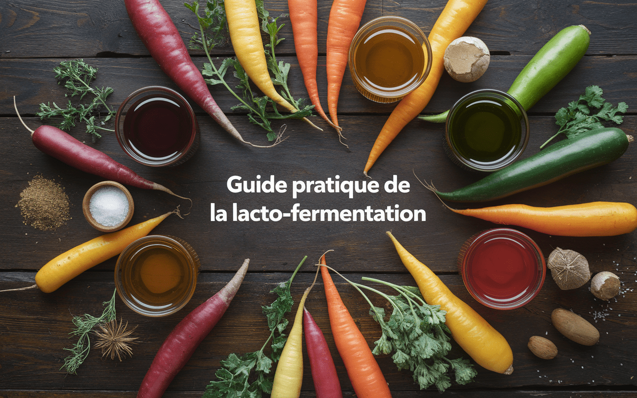 Bocaux de légumes fermentés sur table rustique avec épices