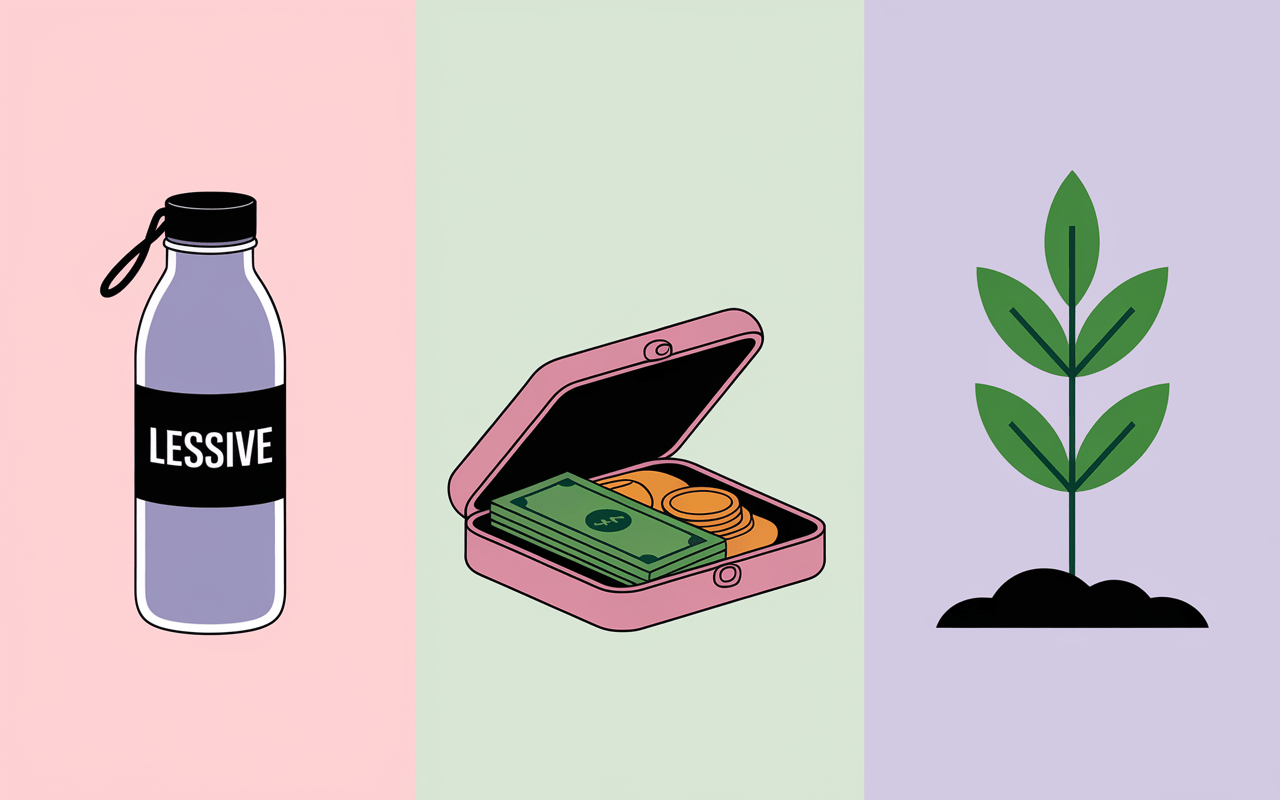 Économies, bouteille lessive réutilisable et plante verte