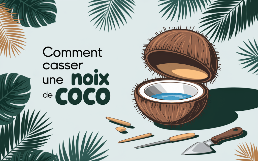 Noix de coco ouverte avec outils d'ouverture
