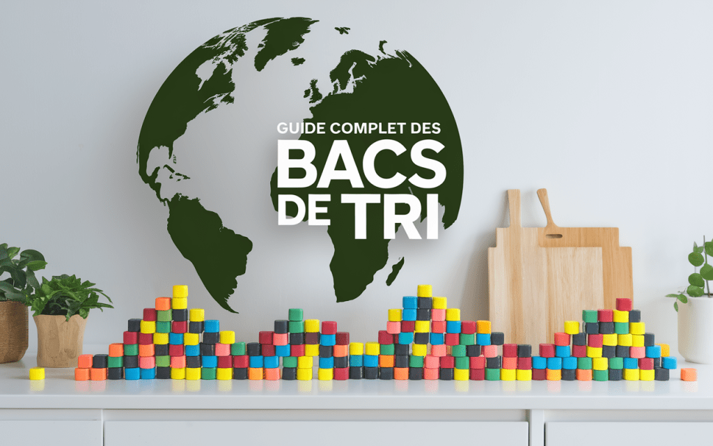 Bacs de tri colorés dans une cuisine moderne avec globe terrestre