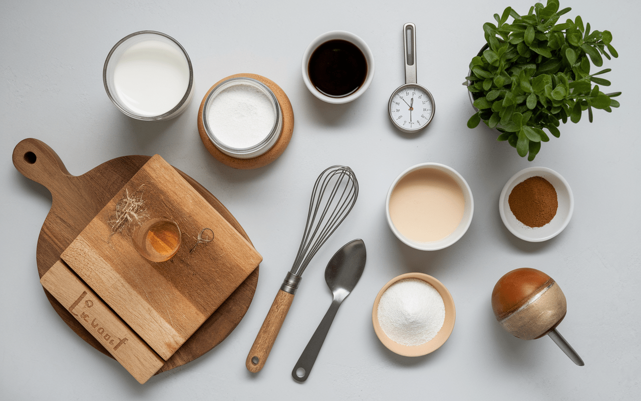Ingrédients et ustensiles pour yaourt maison sur plan de travail