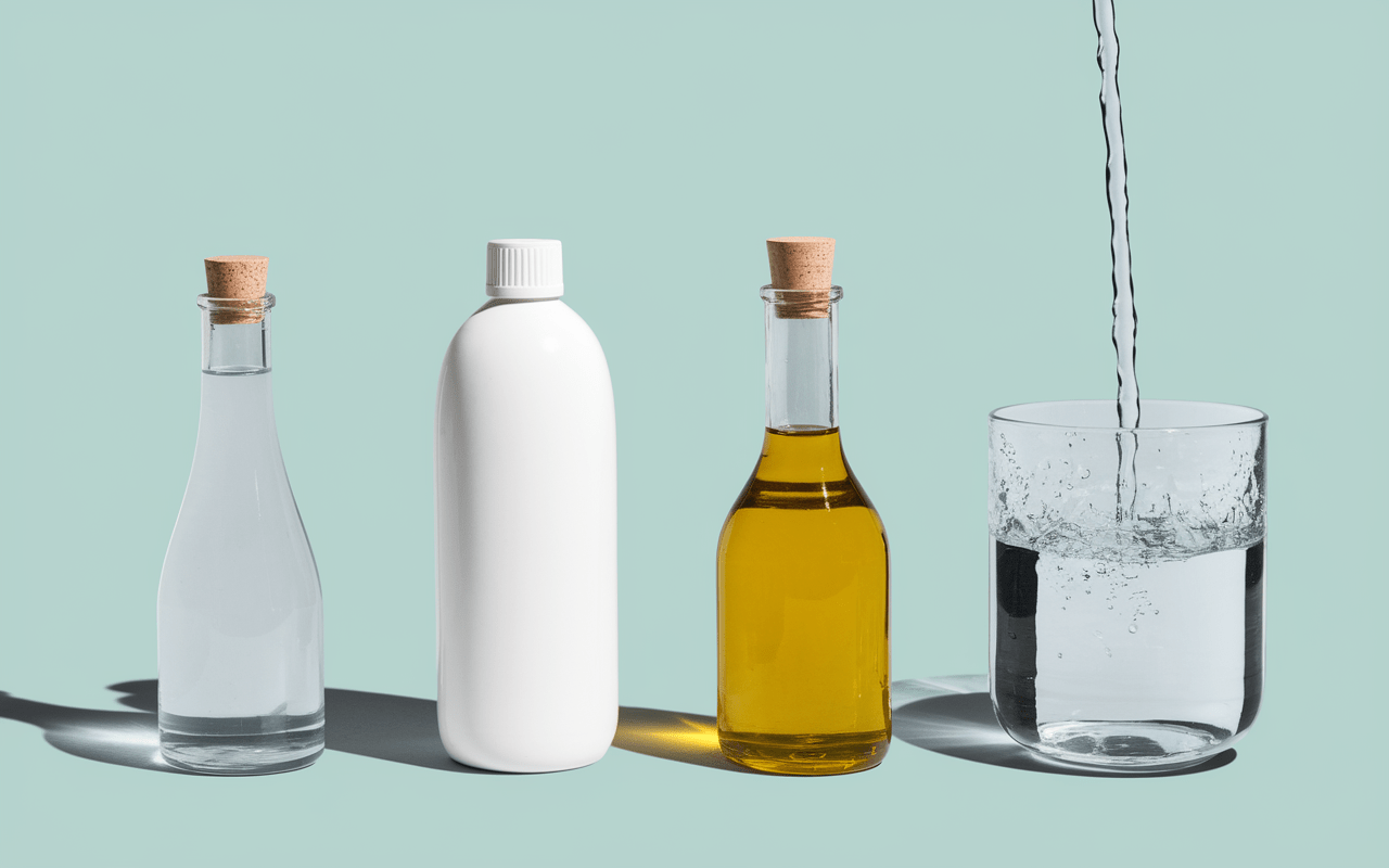 Vinaigre, liquide vaisselle et huile pour enlever étiquettes