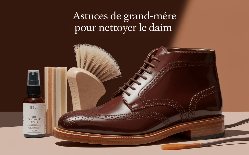 Chaussure daim marron et produits d'entretien naturels