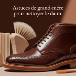 Chaussure daim marron et produits d'entretien naturels