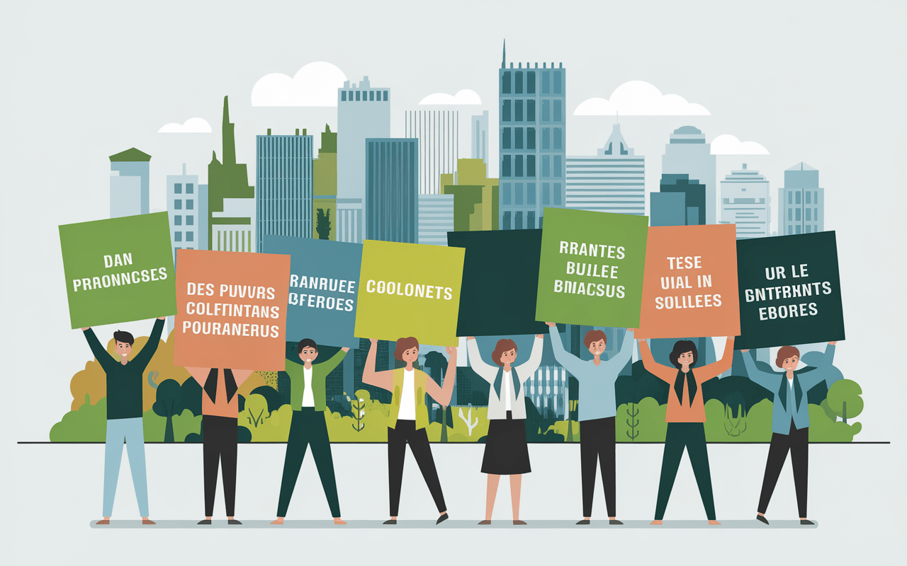 Manifestants avec pancartes de slogans écologiques colorés