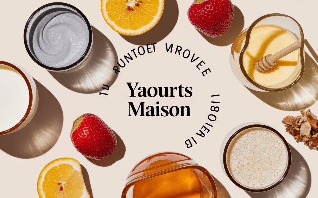 Yaourts différents dans des pots en verre avec ingrédients frais