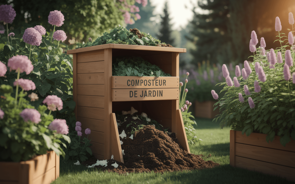 Composteur en bois transformant des déchets organiques en compost riche