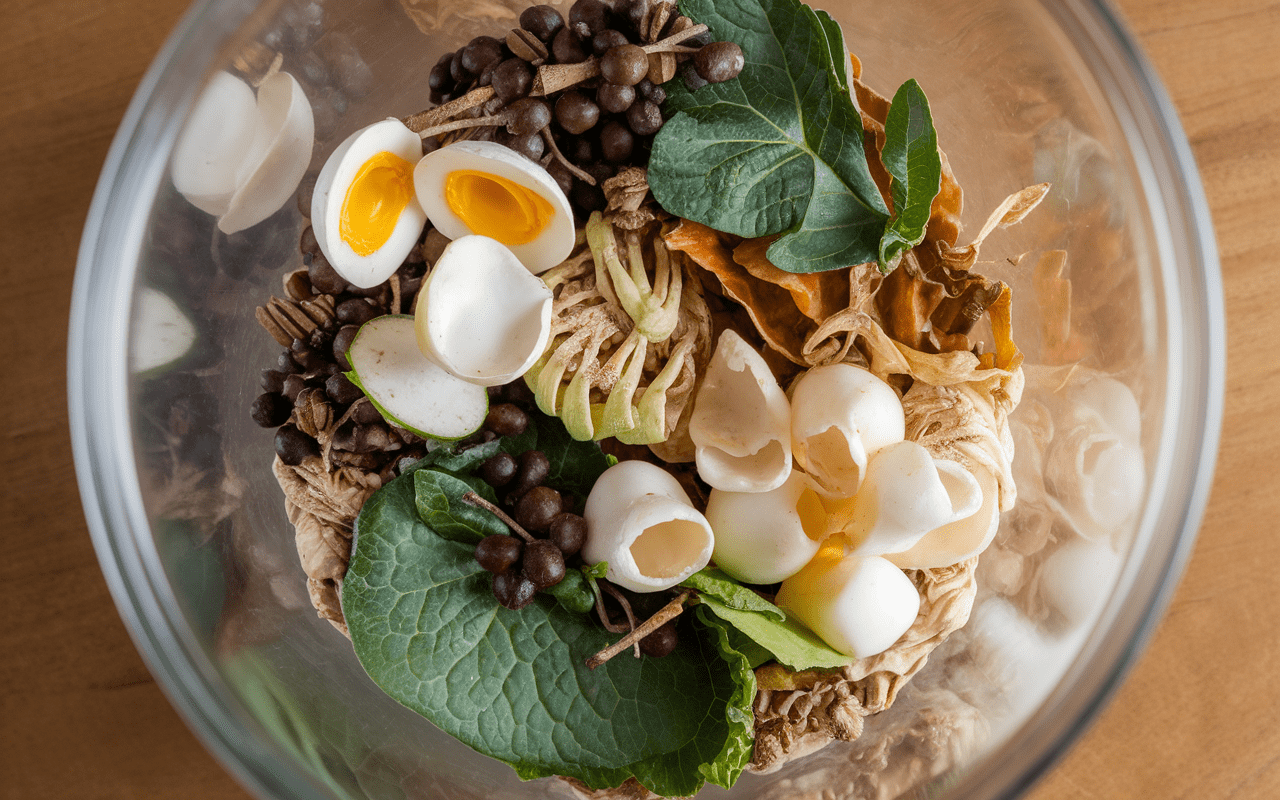 Bol de biodéchets variés, épluchures et restes alimentaires