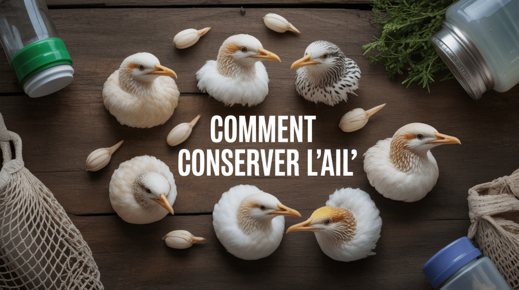 Têtes d'ail et gousses sur fond bois avec bocaux et accessoires