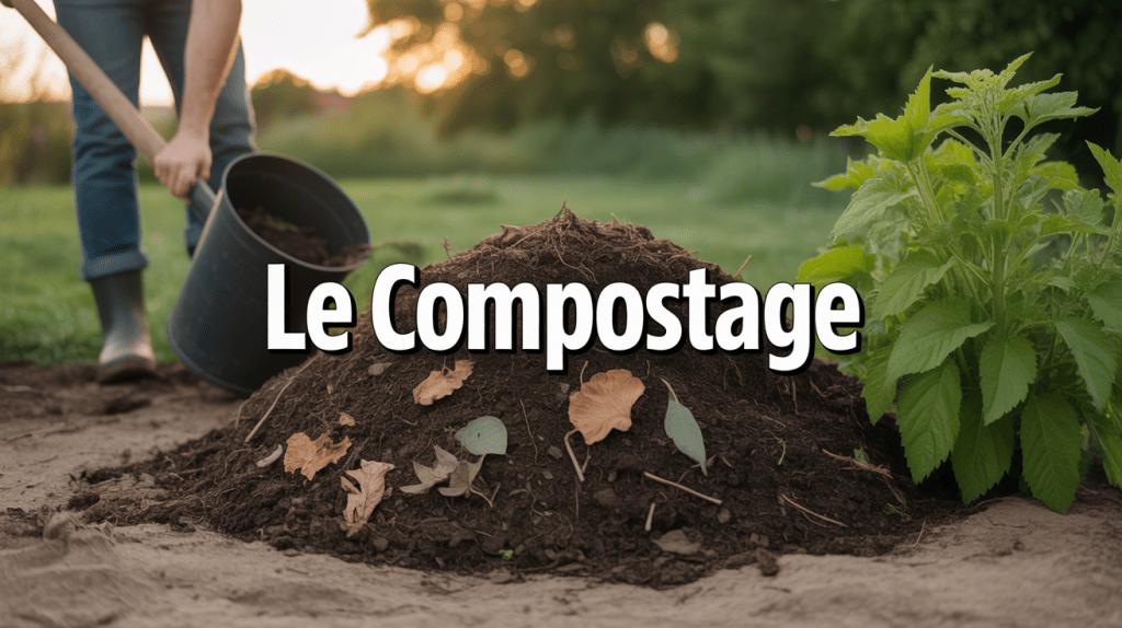 Tas de compost avec jardinier, transformation des déchets organiques