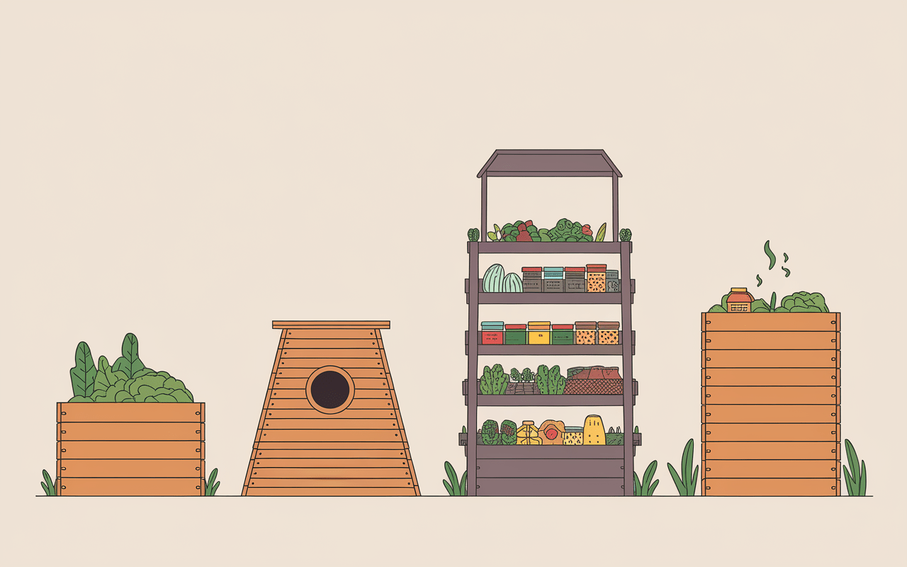 Quatre méthodes différentes de compostage côte à côte