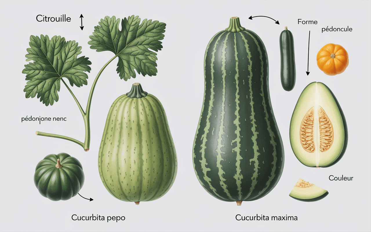 Schéma comparatif Cucurbita pepo et Cucurbita maxima
