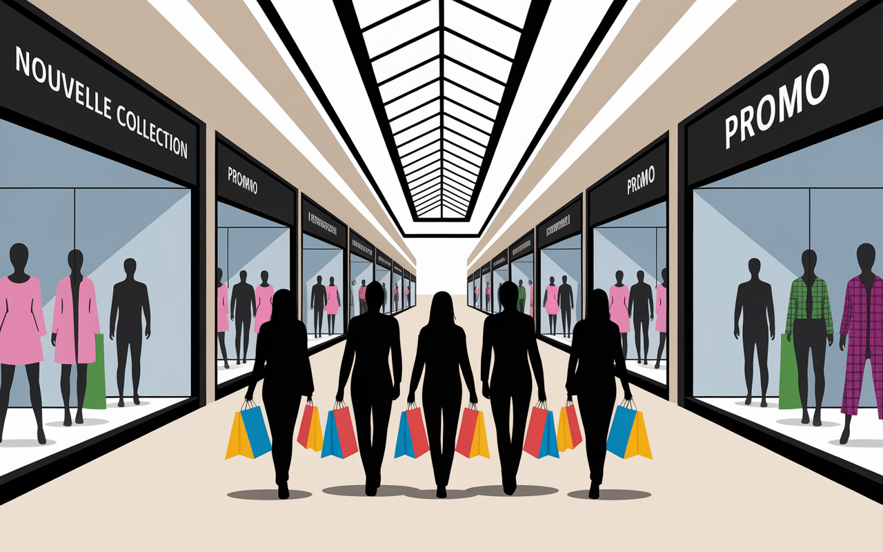 Intérieur centre commercial avec vitrines fast fashion