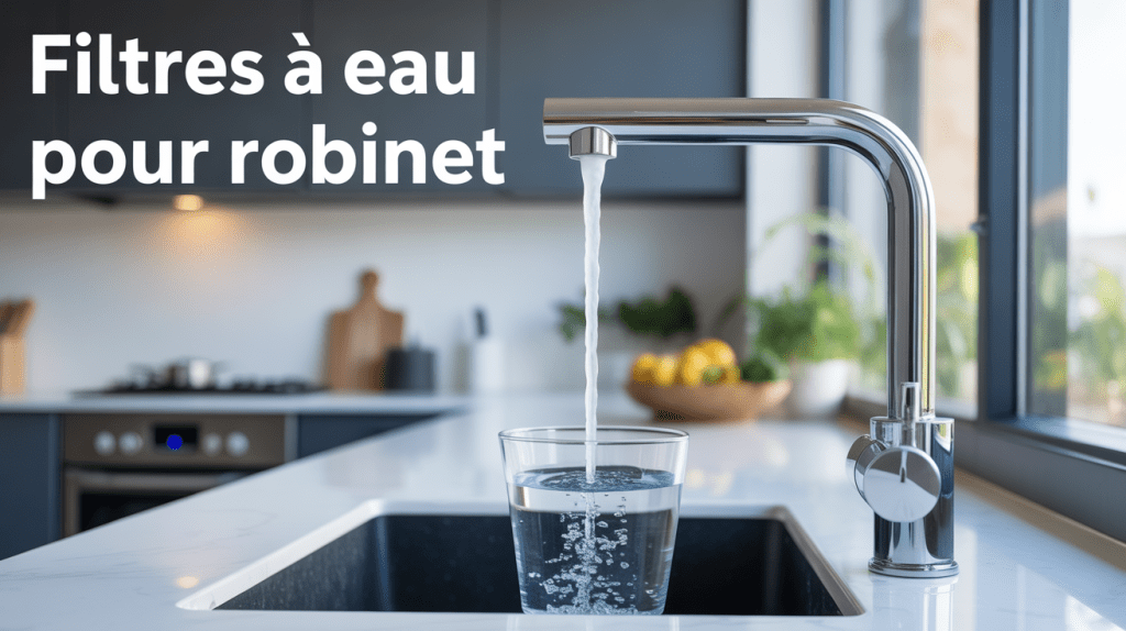 Robinet avec filtre à eau transparent, eau pure coulant dans un verre