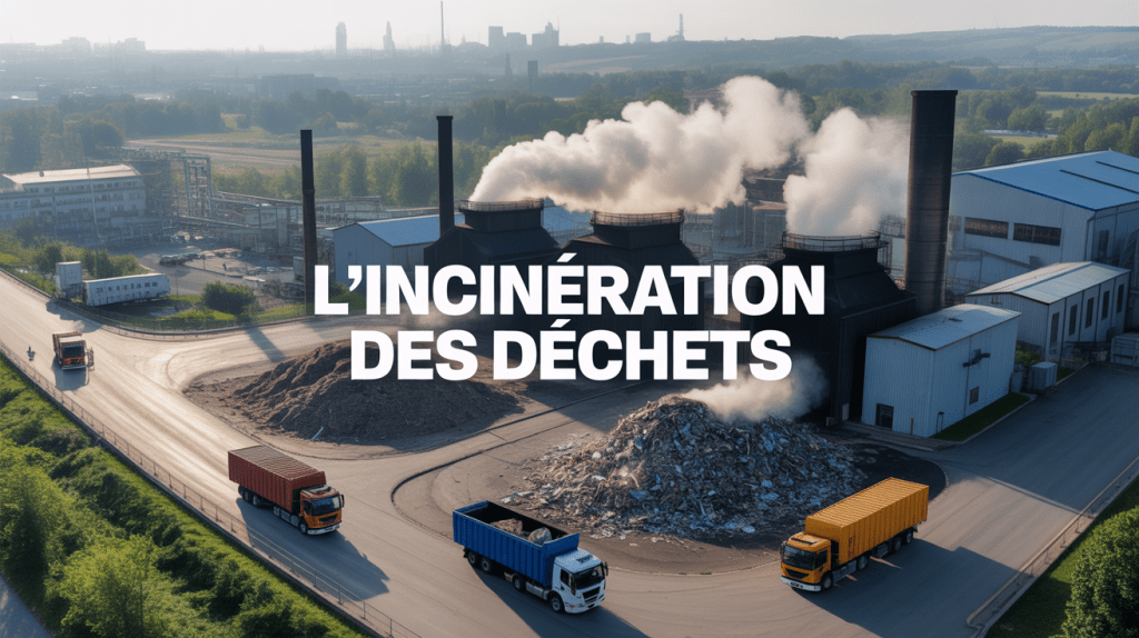 Vue aérienne d'une usine d'incinération des déchets avec cheminées et camions