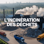 Vue aérienne d'une usine d'incinération des déchets avec cheminées et camions