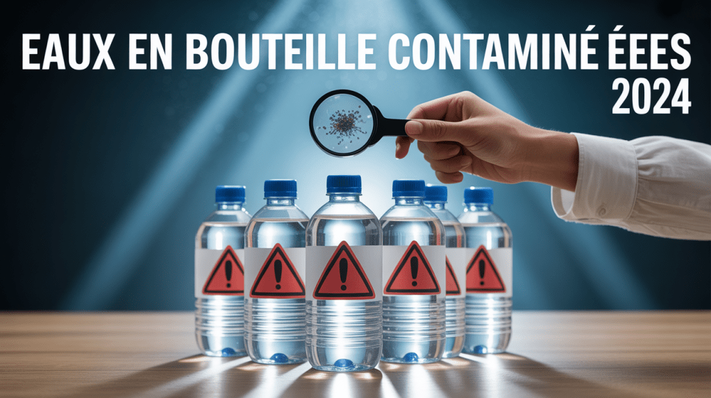 Bouteilles d'eau contaminées avec symbole d'avertissement