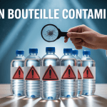 Bouteilles d'eau contaminées avec symbole d'avertissement