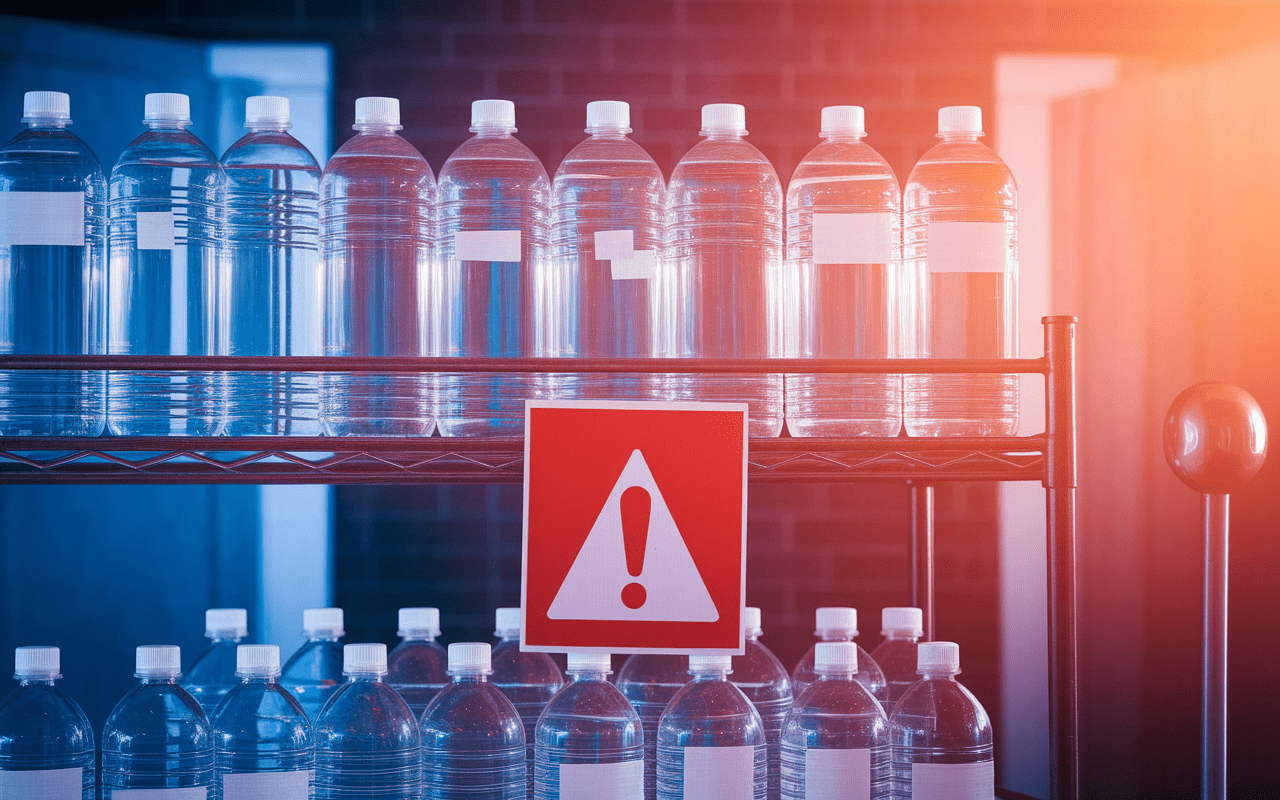 Bouteilles d'eau avec panneau d'avertissement sanitaire