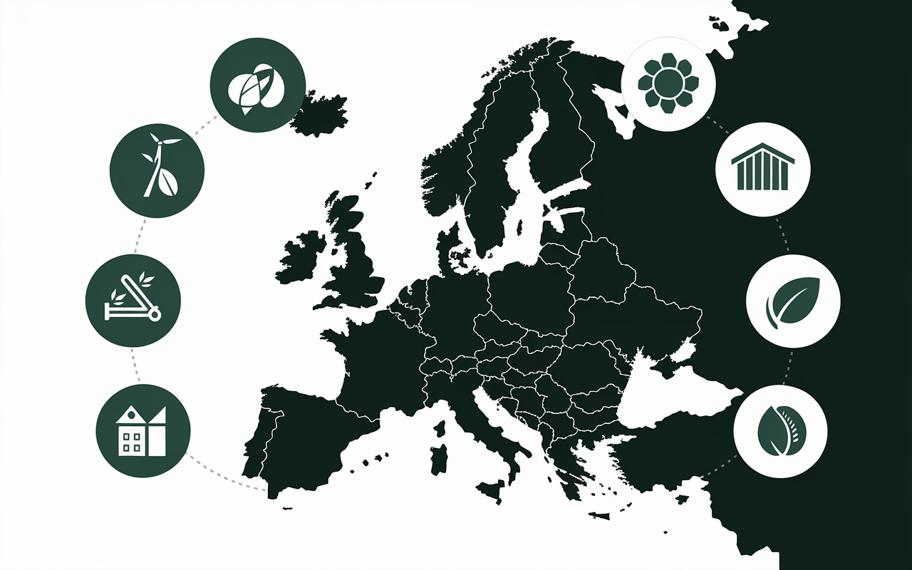 Carte Europe verte avec icônes secteurs durables