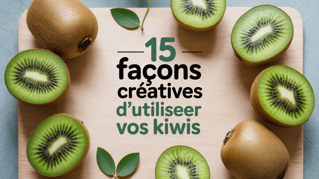 Kiwis frais entiers et coupés sur planche bois, idées culinaires