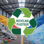 Usine de recyclage avec déchets plastiques et granulés recyclés