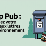 Boîte aux lettres Stop Pub avec prospectus et arbres verts