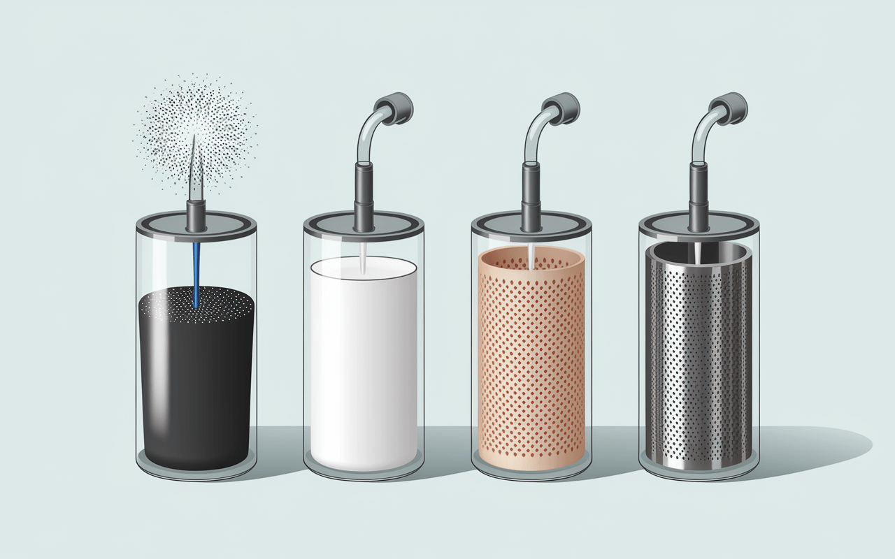 Vue éclatée de différents systèmes de filtration à eau