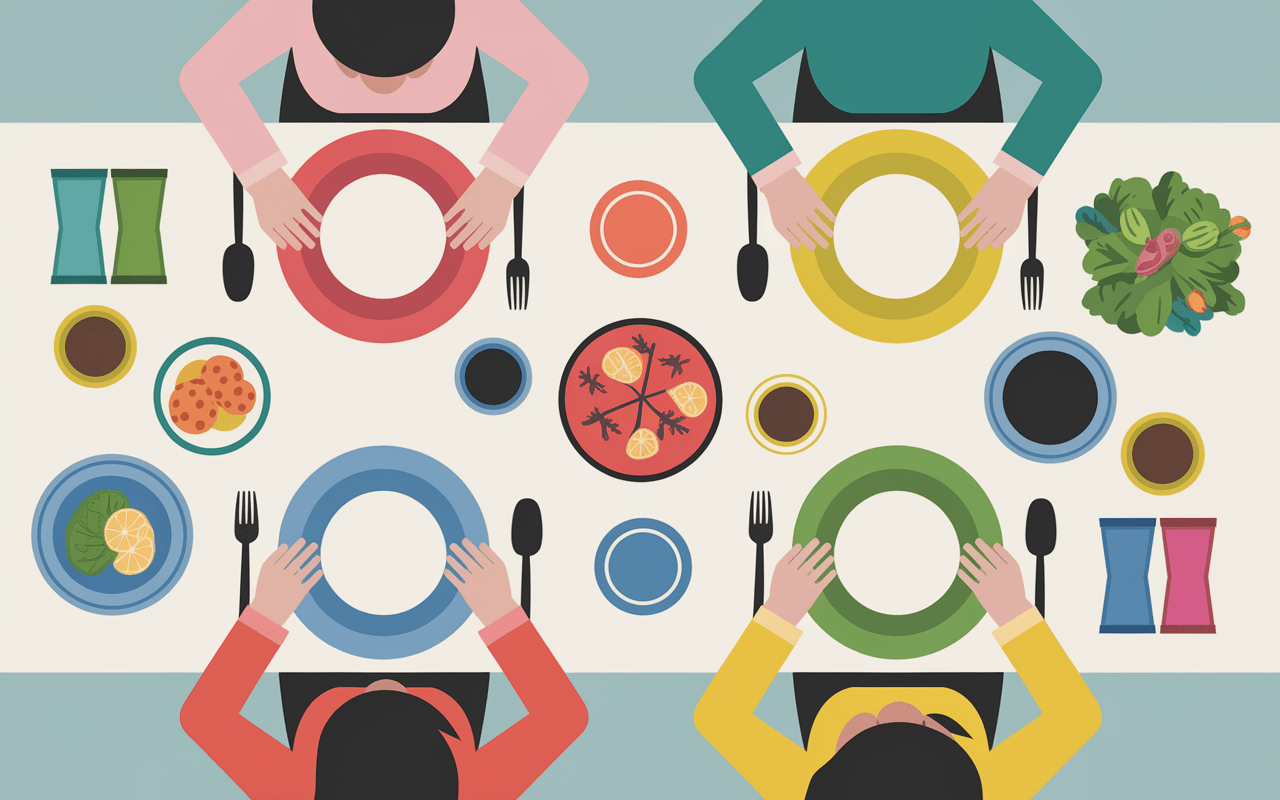 Familie avec vaisselle réutilisable colorée