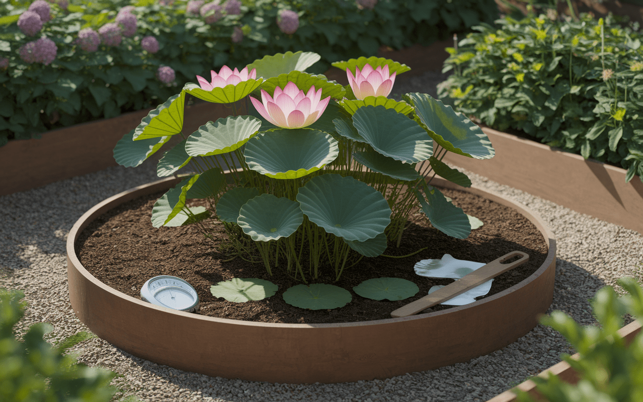 bassin jardin avec fleur de lotus en croissance et outils