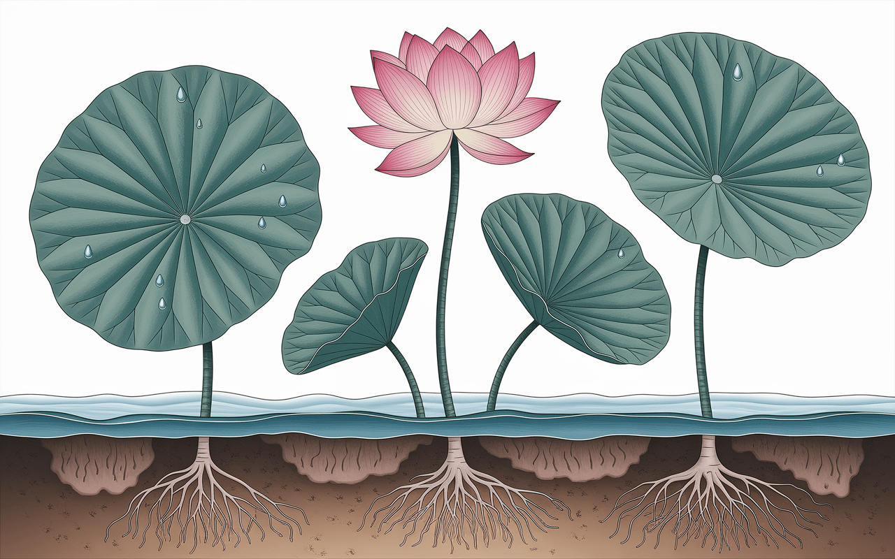 structure botanique fleur de lotus avec feuilles et rhizomes