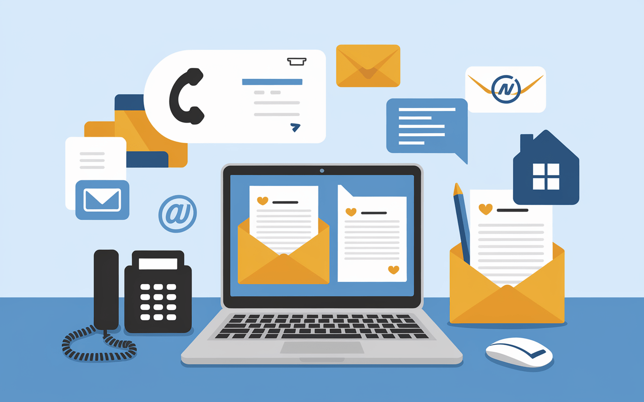 bureau moderne avec téléphone et icônes contact service clients medicys.fr